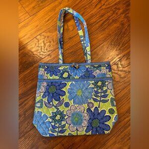 Vera Bradley “Doodle Daisy” Blue Green Quilted Tote Bag Purse Shoulder